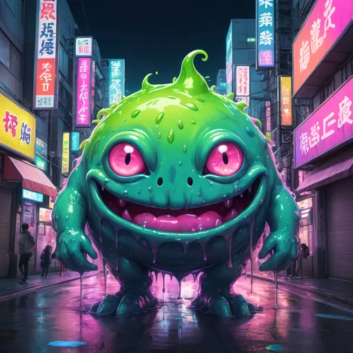 Prompt: Anime illustration of a vibrant slime monster, bright and vivid colors, urban Tokyo street setting, oozing texture, detailed gooey substance, playful and mischievous expression, neon-lit cityscape, high quality, anime, vibrant colors, ooze, Tokyo street, detailed texture, mischievous expression, urban setting, neon lights, highres, playful