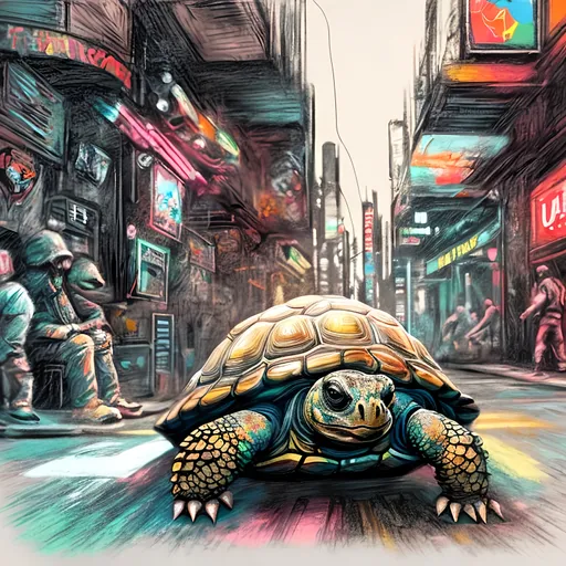 Prompt: pop art chalk pastel art of detailed tortoise wearing USA clothes playing in the streets in cyberpunk japan during a festival, sketch, detailed background, highres, fun atmosphere, natural lighting,  abstract, fun