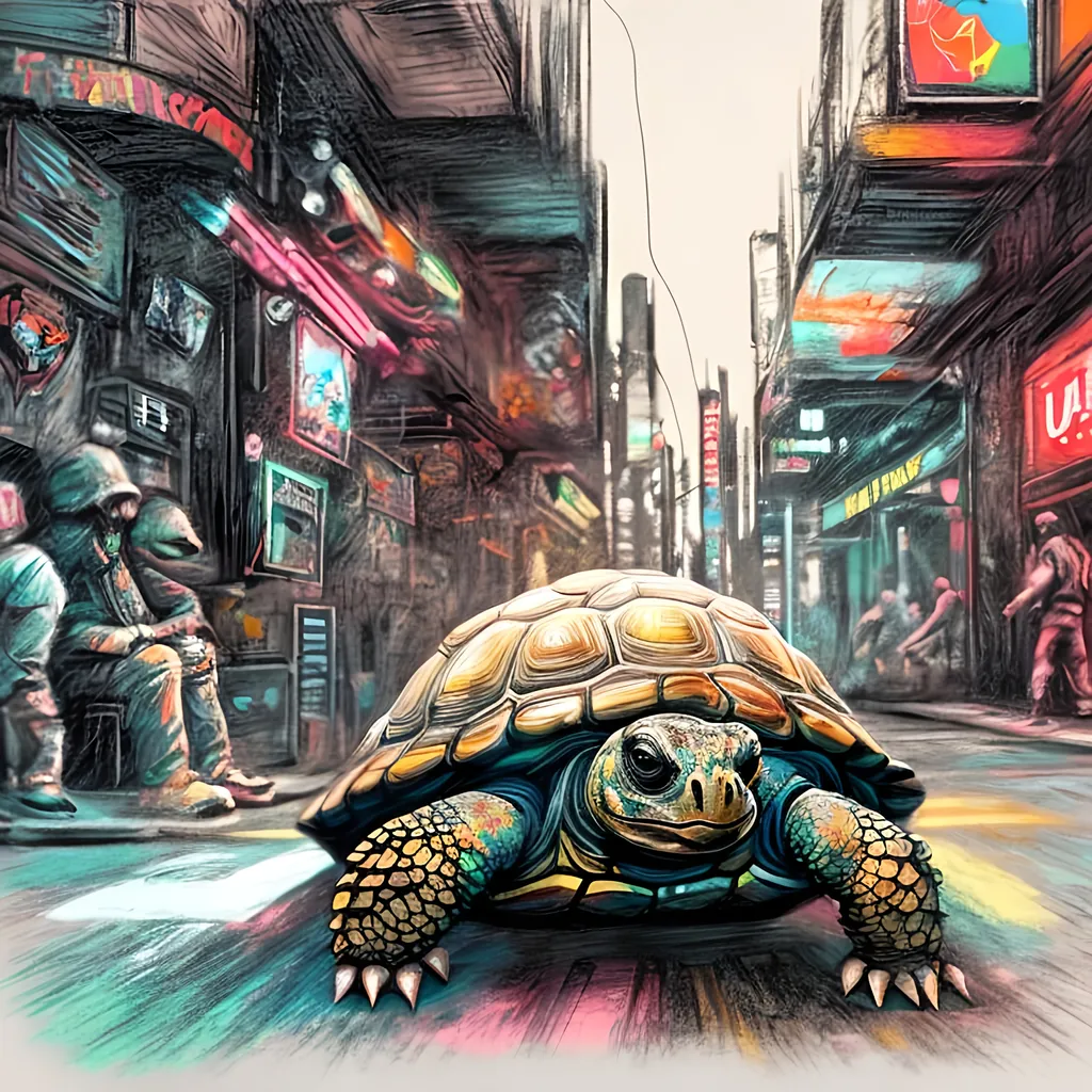 Prompt: pop art chalk pastel art of detailed tortoise wearing USA clothes playing in the streets in cyberpunk japan during a festival, sketch, detailed background, highres, fun atmosphere, natural lighting,  abstract, fun