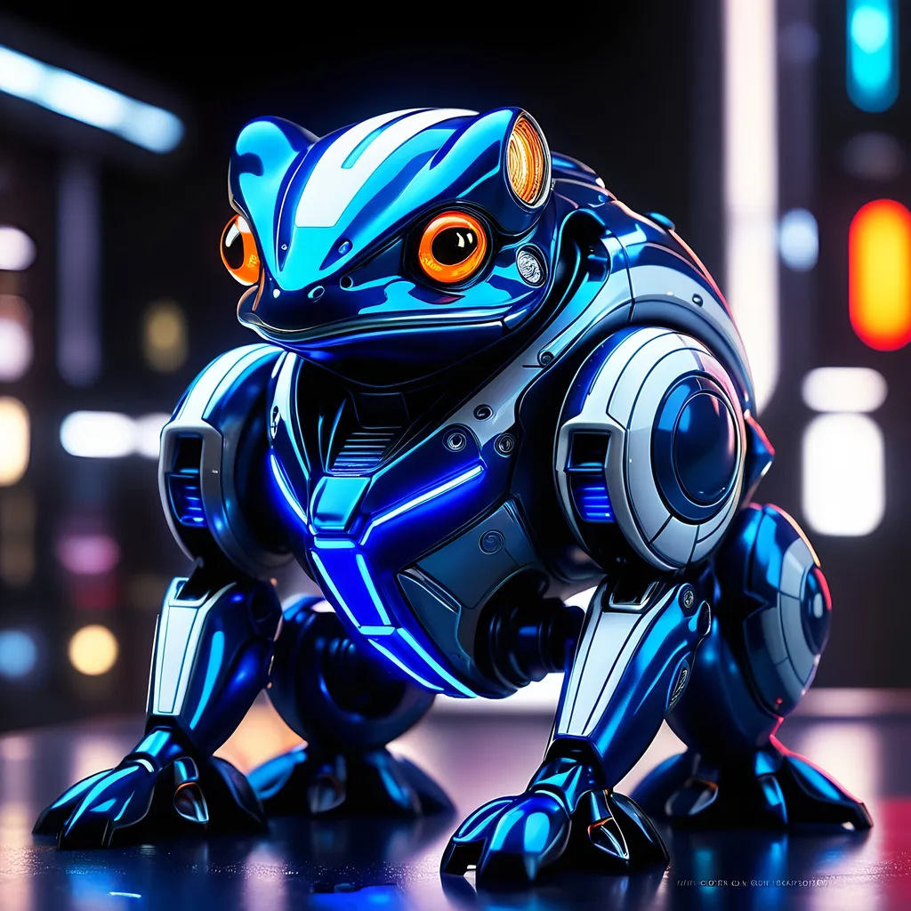 Prompt: Tiny frog mech, metallic and sleek design, futuristic sci-fi style, intense royal blue and white color scheme, sparkling neon lights, miniature scale, highres, ultra-detailed, sci-fi, futuristic, metallic sheen, intense color scheme, miniature scale, neon lights, detailed design, professional, atmospheric lighting