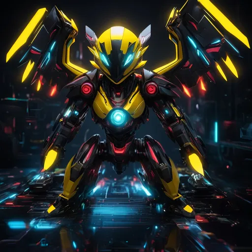 Prompt: small kawaii style duck mech, metallic and sleek design, futuristic sci-fi style, intense yellow and red color scheme, sparkling neon lights, mech wings, miniature scale, highres, ultra-detailed, sci-fi, futuristic, metallic sheen, intense color scheme, miniature scale, neon lights, detailed design, professional, atmospheric lighting