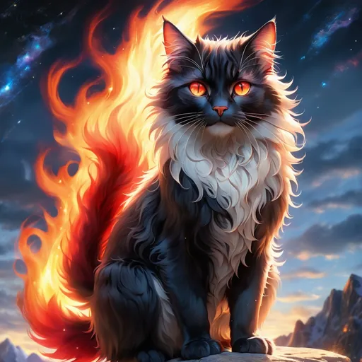Prompt: warrior cat with {black fur} and {ruby red eyes}, senior female cat, fire element, flame, Erin Hunter, gorgeous anime portrait, beautiful cartoon, 2d cartoon, beautiful 8k eyes, elegant {red fur}, pronounced scar on chest, fine oil painting, modest, gazing at viewer, beaming red eyes, glistening red fur, low angle view, zoomed out view of character, 64k, hyper detailed, expressive, timid, graceful, beautiful, expansive silky mane, deep starry sky, golden ratio, precise, perfect proportions, vibrant, standing majestically on a tall crystal stone, hyper detailed, complementary colors, UHD, HDR, top quality artwork, beautiful detailed background, unreal 5, artstaion, deviantart, instagram, professional, masterpiece