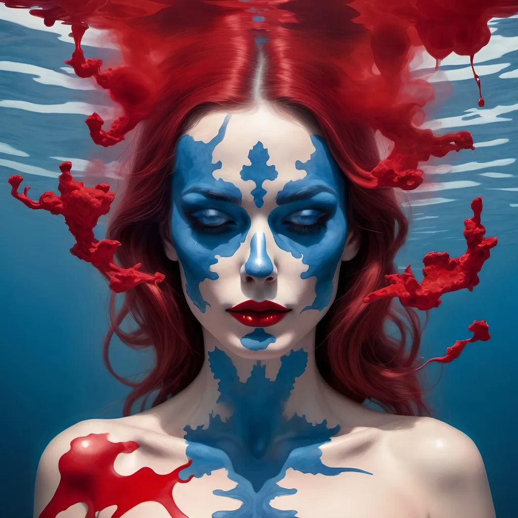 Prompt:  the rorschach pin up lady of smoke and mirrors in a blue water and red ink land, surreal, photorealistic 