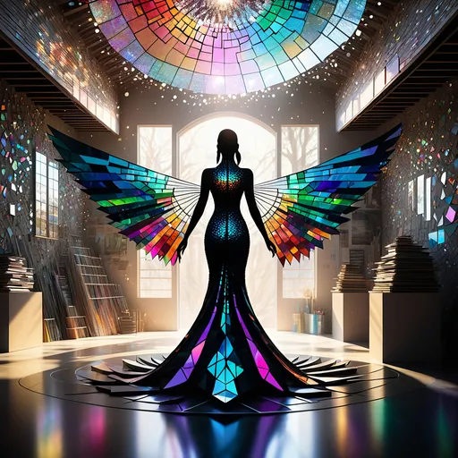 Prompt: A majestic lady, her form ingeniously crafted from a myriad of shattered CDs, standing amidst a garage sale in a prism-punk utopia. This ethereal figure, a mosaic of reflective fragments, exudes an aura of serene omnipotence. The CDs, once symbols of a technological past, now repurposed, give her a radiant, holographic appearance. The surrounding environment is a fusion of vivid colors and geometric shapes, embodying the quintessence of prism-punk aesthetics. Imagine a time-lapse effect at play, where the world around her moves in accelerated motion: people perusing the garage sale blur into swift, fluid movements while she remains a tranquil, unchanging beacon amidst the hustle. Sunlight catches on her fragmented form, casting kaleidoscopic patterns that dance across the utopian landscape. This scene encapsulates ultimate serenity within a dynamic, ever-changing world, symbolizing the timeless grace amidst the relentless passage of time. 