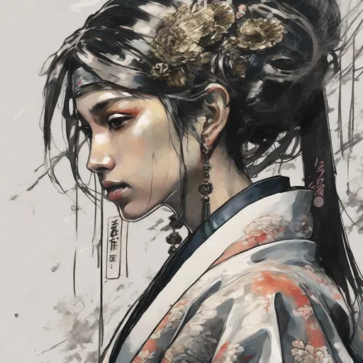 Prompt: (((Yoji Shinkawa))), sticker of ultra detailed portrait of Naomi Scott in japanese kimono,Kanzashi head accessories, high quality cell shaded illustration in post apocalyptic style by Yoji Shinkawa,(((sitting kneeling pose))), ((zoomed in face)),  (((katana))), (((Detailed hands))),perfect anatomy, centered, freedom, soul, blue and pink long hair, approach to perfection, cell shading, 4k , cinematic dramatic atmosphere, watercolor painting, global illumination, detailed and intricate environment, artstation, concept art, fluid and sharp focus, volumetric lighting, cinematic lighting, Art by Yoji Shinkawa and by Ilya Kuvshinov 

