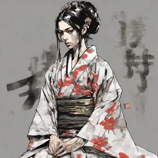 Prompt: (((Yoji Shinkawa))), sticker of ultra detailed portrait of Naomi Scott in japanese kimono,Kanzashi head accessories, high quality cell shaded illustration in post apocalyptic style by Yoji Shinkawa,(((sitting kneeling pose))), ((zoomed in face)),  (((katana))), (((Detailed hands))),perfect anatomy, centered, freedom, soul, blue and pink long hair, approach to perfection, cell shading, 4k , cinematic dramatic atmosphere, watercolor painting, global illumination, detailed and intricate environment, artstation, concept art, fluid and sharp focus, volumetric lighting, cinematic lighting, Art by Yoji Shinkawa and by Ilya Kuvshinov 
