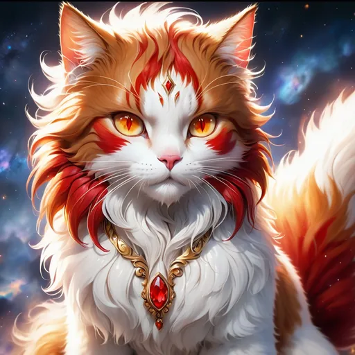 Prompt: warrior cat with {white fur} and {ruby red eyes}, senior female cat, fire element, flame, Erin Hunter, gorgeous anime portrait, beautiful cartoon, 2d cartoon, beautiful 8k eyes, elegant {red fur}, pronounced scar on chest, fine oil painting, modest, gazing at viewer, beaming red eyes, glistening red fur, low angle view, zoomed out view of character, 64k, hyper detailed, expressive, timid, graceful, beautiful, expansive silky mane, deep starry sky, golden ratio, precise, perfect proportions, vibrant, standing majestically on a tall crystal stone, hyper detailed, complementary colors, UHD, HDR, top quality artwork, beautiful detailed background, unreal 5, artstaion, deviantart, instagram, professional, masterpiece