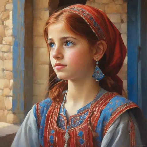 Prompt: A 13 years old Syrian girl, pale skin, red hair, pigtails, blue eyes, traditional Syrian dress, Old Damascus, photorealistic, extremely detailed painting by Greg Rutkowski by Steve Henderson