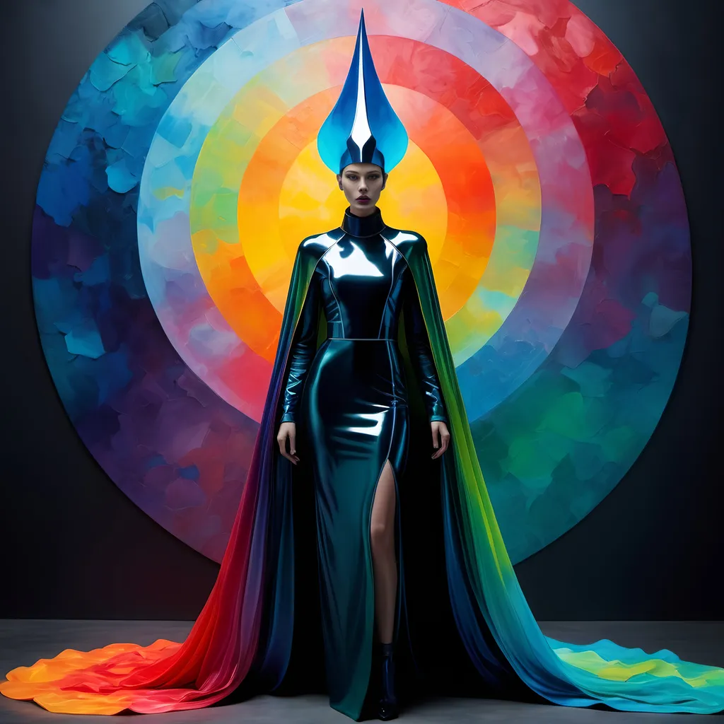 Prompt: high priestess, woman minimalism avangard, full body portrait, fashion model wearing colorful avant-garde outfit inspired by siphonophore designed by Mugler, fashion shoot in photographed by Mario Sorrenti, falling, highly detailed, lens flare emptiness of loss in a deep spiritual expression, a dark symbol of peaceful death, to carry in the bifrost of eternal time, sweetness of a subtle masterpiece of tranquility over cold and warmth. masterful impasto oil technique, ethereal background 