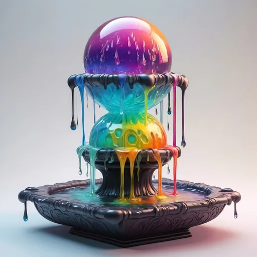 Prompt: A four-way fountain each side filled with strange glowing dancing crystal sphere dripping slime in many colors, in zen tangle art style
