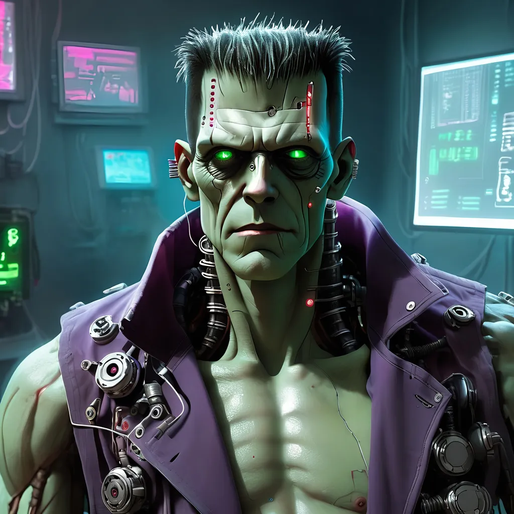 Prompt: cyberpunk frankenstein, technological modifications