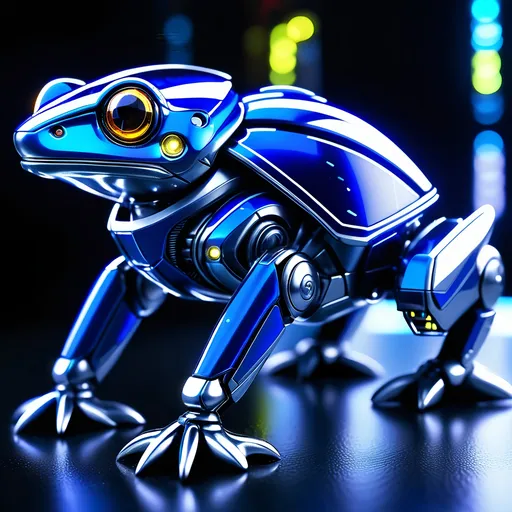 Prompt: Tiny frog mech, metallic and sleek design, futuristic sci-fi style, intense royal blue and white color scheme, sparkling neon lights, miniature scale, highres, ultra-detailed, sci-fi, futuristic, metallic sheen, intense color scheme, miniature scale, neon lights, detailed design, professional, atmospheric lighting