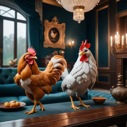 Prompt: impressive luxury residence combining the styles of metaphorical chicken and mystical fox, professional photography, cinematic lighting, unsplash