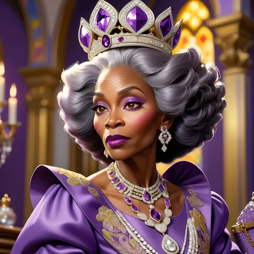 Prompt: Close-up oil painting of an elegant elderly black woman in a regal purple church outfit, adorned with diamond jewelry and carrying a diamond-encrusted purse overflowing with 100 dollar bills, detailed facial features, high-quality, realistic, vibrant colors, opulent style, warm lighting, regal attire, detailed diamonds, oil painting, close-up portrait