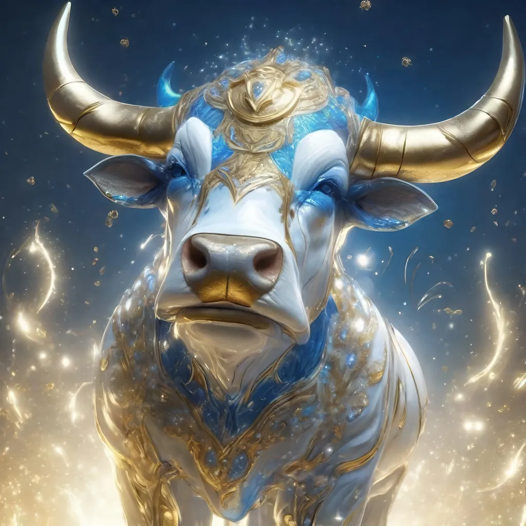 Prompt: A white, blue and gold translucent dwarf bull humanoid made of the element wind in heaven, highly detailed painting, photorealistic, sparkles, magical atmosphere, 8k