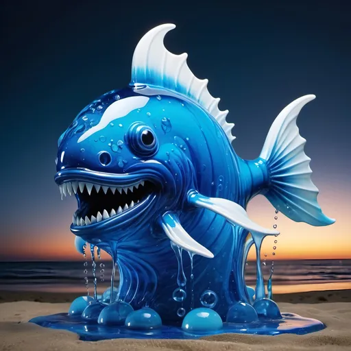 Prompt: A behemoth made of vivid blue water with white bubbles within and has fins and dripping with blue slime, background night beach, in vibrant glass art style