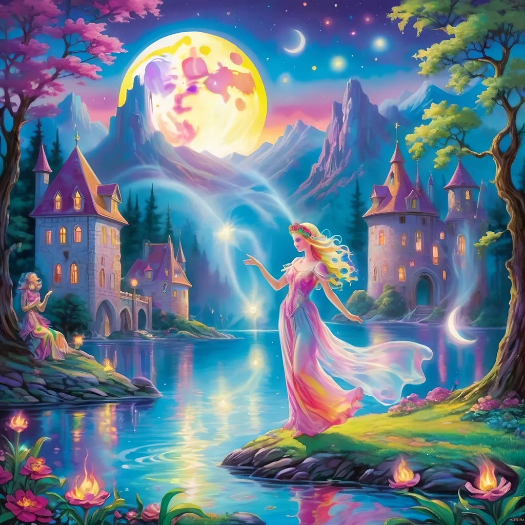 Prompt: Lisa Frank's style portrays a medieval legend where ethereal beings, illuminated as will-o'-the-wisps, dance around an ancient, moonlit lake. The scene is rich in romantic symbolism, with the will-o'-the-wisps depicted as delicate, ghostly figures. Their dance creates a mesmerizing pattern of light, leading the viewer's eye through the mystical, moonlit waterscape. 