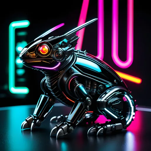 Prompt: small chameleon mech, metallic and sleek design, futuristic sci-fi style, intense black and silver color scheme, sparkling neon lights, miniature scale, highres, ultra-detailed, sci-fi, futuristic, metallic sheen, intense color scheme, miniature scale, neon lights, detailed design, professional, atmospheric lighting