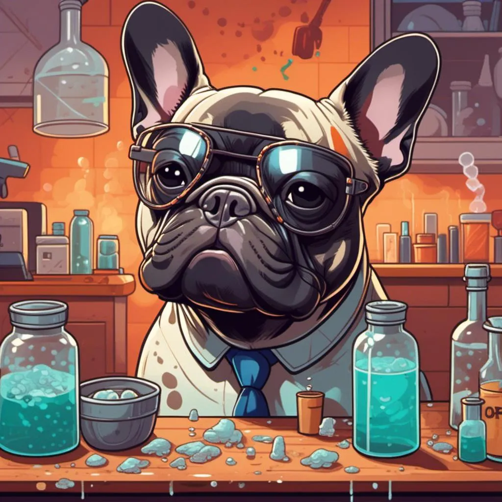 Prompt: <mymodel>French Bulldog synthesizing meth in a meth lab. 