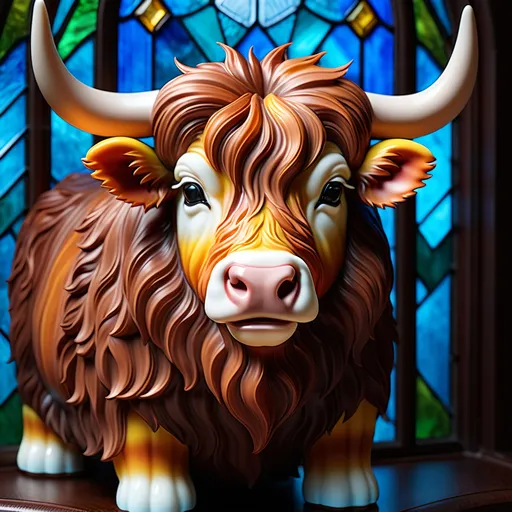 Prompt: Mini Highland cow in chalcedony stained glass 3D portraiture, intricate details, vibrant colors, high quality, 3D rendering, stained glass, mini highland cow, chalcedony, detailed fur, 3D portraiture, realistic, vibrant hues, professional lighting
