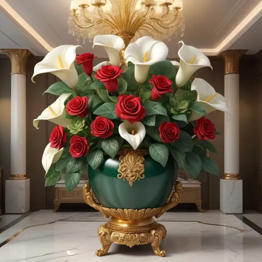 Prompt: Giant jade and gold pot, realistic 3D rendering, luxurious gold and emerald tones, huge detailed red roses and white calla lilies arrangement, intricate gold engravings, opulent lighting, high quality, realistic, luxurious, detailed succulents, 3D rendering, intricate design