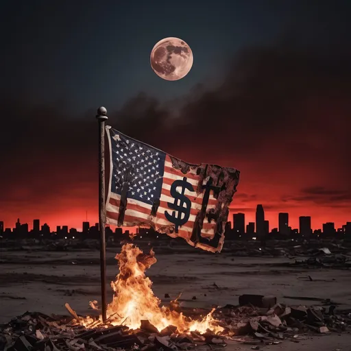 Prompt: A burning american tattered flag with dollar signs where the stars should be. The landscape is of a deserted city that is beginning to crumble. The Sky is a blood red and int the background the moon can be seen, smashed to bits.
