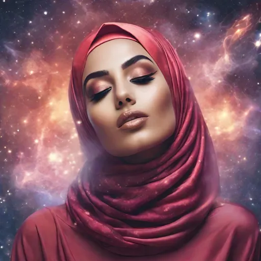 Prompt: beautiful woman in hijab exhaling smoke in the form of stars and galaxies from her mouth.