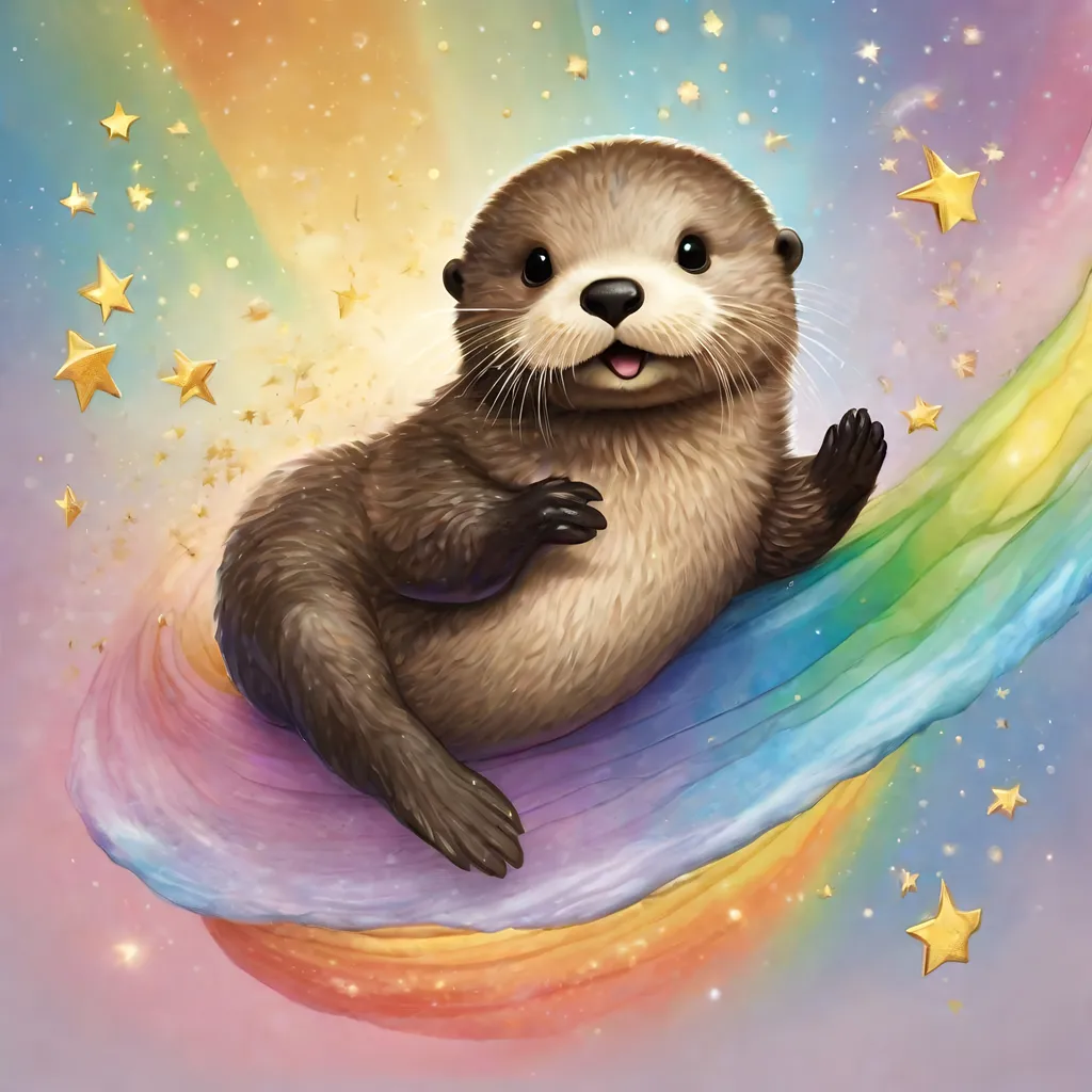 Prompt: Realistic comic art of an baby sea otter riding on top of a rainbow while farting golden glitter stars
