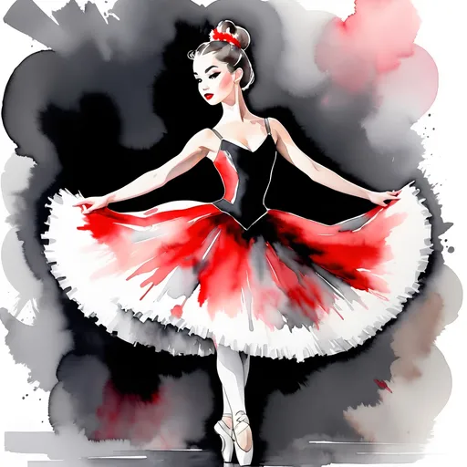 Prompt: young lady ballerina, watercolors, black, gray, white and red, with big attitude, on vaudeville stage