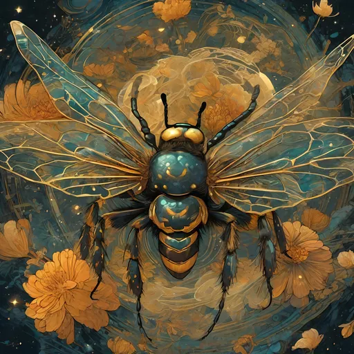 Prompt: killer bees on the swarm, starry sky, highly detailed, intricate motifs, organic tracery, perfect composition, digital painting, artstation, concept art, smooth, sharp focus, illustration, Carne Griffiths,  Victo ngai, Jean Baptiste Monge, shiny aura, old but robust, bright but deep 