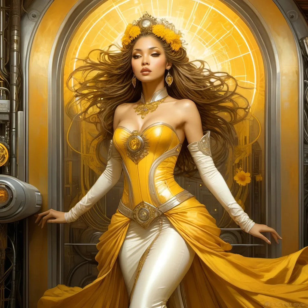 Prompt: Luis Royo masterpiece art style, light brown skinned fairytale princess, elaborate yellow, gold,marigold colored fantasy wedding gown, magically appears in a high security cyberpunk server room, thin, tall white bald man jumps back, surprised expression, elaborate gown details, high quality, detailed, fantasy, retro-futuristic, princess, cyberpunk, server room, rich color tones, dramatic lighting
