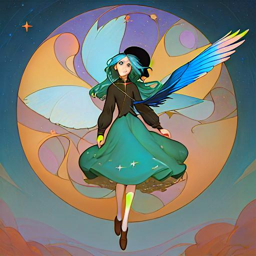 Prompt: In style of christian Schloe and daria Petrilli, a giant colorful bird flying with a beautiful cute girl with a very long and wild  ombre gradient blue hair on its back in a beautiful starry sky. Craquelure, egg tempera effect, Naive art, extremely detailed, optical illusion, oil painting 