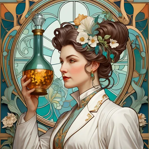 Prompt: "A portrait of a male scientist in the Art Nouveau style, reminiscent of the Statue of Liberty. She confidently holds a chemistry carafe aloft, dressed in a white lab coat fused with Art Nouveau fashion, adorned with floral patterns and intricate detailing. Her hairstyle is elaborate, typical of the period. The background is rich in Art Nouveau motifs, with organic forms, flowing lines, and stylized natural elements. The image resembles a tempera on canvas, capturing the textures and colors of the Art Nouveau era. The scientist is a beautiful woman with intricate, styled hair, embodying confidence and elegance." 