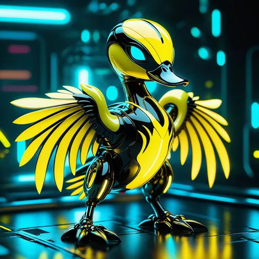 Prompt: Tiny duck mech, metallic and sleek design, futuristic sci-fi style, intense yellow and black color scheme, sparkling neon lights, miniature scale, highres, ultra-detailed, sci-fi, futuristic, metallic sheen, intense color scheme, miniature scale, neon lights, detailed design, professional, atmospheric lighting