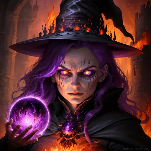Prompt: Fire witch with intense expression, detailed facial features, digital painting, purple orb, burned castle background, high quality, fantasy, dark tones, intense lighting, flames, magical atmosphere, professional, detailed, atmospheric