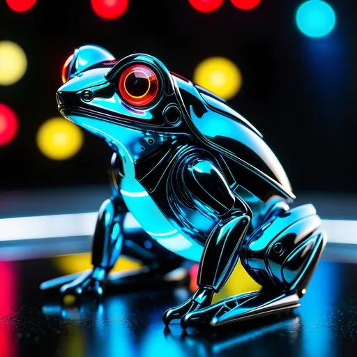 Prompt: Tiny frog mech, metallic and sleek design, futuristic sci-fi style, intense light blue and black color scheme, sparkling neon lights, miniature scale, highres, ultra-detailed, sci-fi, futuristic, metallic sheen, intense color scheme, miniature scale, neon lights, detailed design, professional, atmospheric lighting