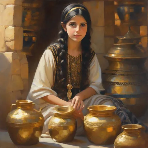 Prompt: A 13 years old Syrian girl, pale skin, black hair, pigtails, brown eyes, traditional Syrian dress, Old Damascus, surrounded by gold and onyx pots, photorealistic, extremely detailed painting by Greg Rutkowski by Steve Henderson