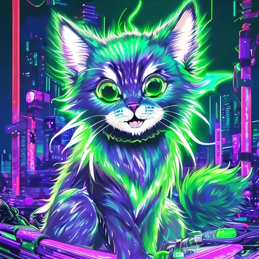 Prompt: Glowing green anime illustration of a playful kitten, vibrant shades of green, futuristic digital setting, neon lights in the background, radiant fur with luminous glow, big expressive eyes, high-tech collar, best quality, highres, ultra-detailed, anime, futuristic, glowing green, digital art, playful, vibrant, neon lights, luminous fur, expressive eyes, professional, futuristic lighting