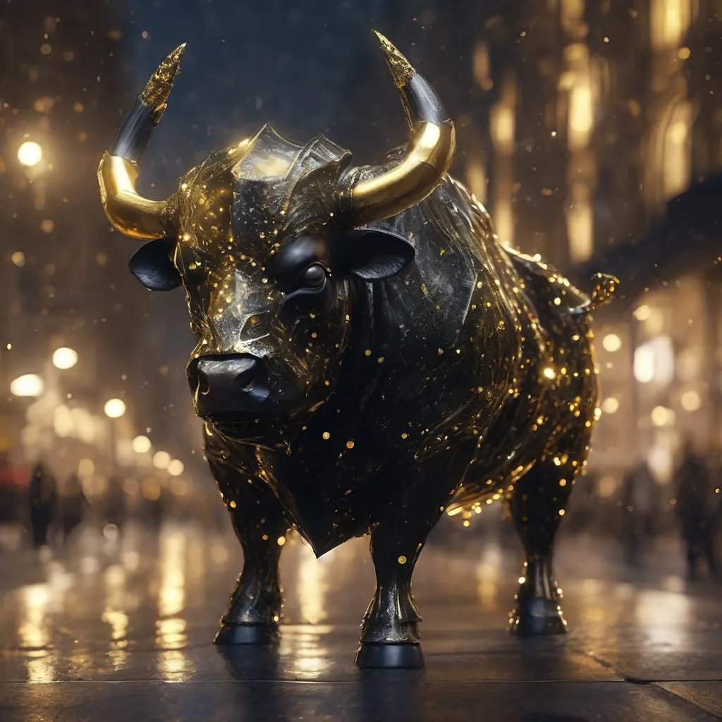 Prompt: A black and gold translucent dwarf bull humanoid made of black metal, in the city, highly detailed painting, photorealistic, sparkles, magical atmosphere, 8k