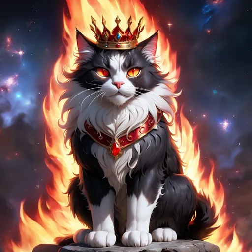 Prompt: warrior king cat with {black fur} and {ruby red eyes}, senior male cat, fire element, wearing crown, flame, Erin Hunter, gorgeous anime portrait, beautiful cartoon, 2d cartoon, beautiful 8k eyes, elegant {red fur}, pronounced scar on chest, fine oil painting, modest, gazing at viewer, beaming red eyes, glistening red fur, low angle view, zoomed out view of character, 64k, hyper detailed, expressive, timid, graceful, beautiful, expansive silky mane, deep starry sky, golden ratio, precise, perfect proportions, vibrant, standing majestically on a tall crystal stone, hyper detailed, complementary colors, UHD, HDR, top quality artwork, beautiful detailed background, unreal 5, artstaion, deviantart, instagram, professional, masterpiece