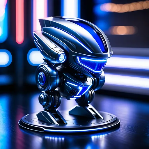 Prompt: Tiny skiff mech, metallic and sleek design, futuristic sci-fi style, intense royal blue and white color scheme, sparkling neon lights, miniature scale, highres, ultra-detailed, sci-fi, futuristic, metallic sheen, intense color scheme, miniature scale, neon lights, detailed design, professional, atmospheric lighting