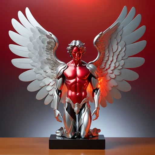 Prompt: Abstract metal tabletop sculpture in the shape of a male angel with wings glowing hot red, platinum and onyx, bright solid colored background, high quality, metallic, modern, vibrant colors, detailed textures, professional lighting, symmetry 