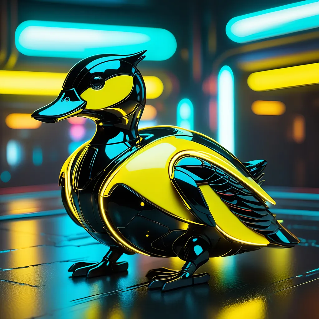 Prompt: Tiny duck mech, metallic and sleek design, futuristic sci-fi style, intense yellow and black color scheme, sparkling neon lights, miniature scale, highres, ultra-detailed, sci-fi, futuristic, metallic sheen, intense color scheme, miniature scale, neon lights, detailed design, professional, atmospheric lighting