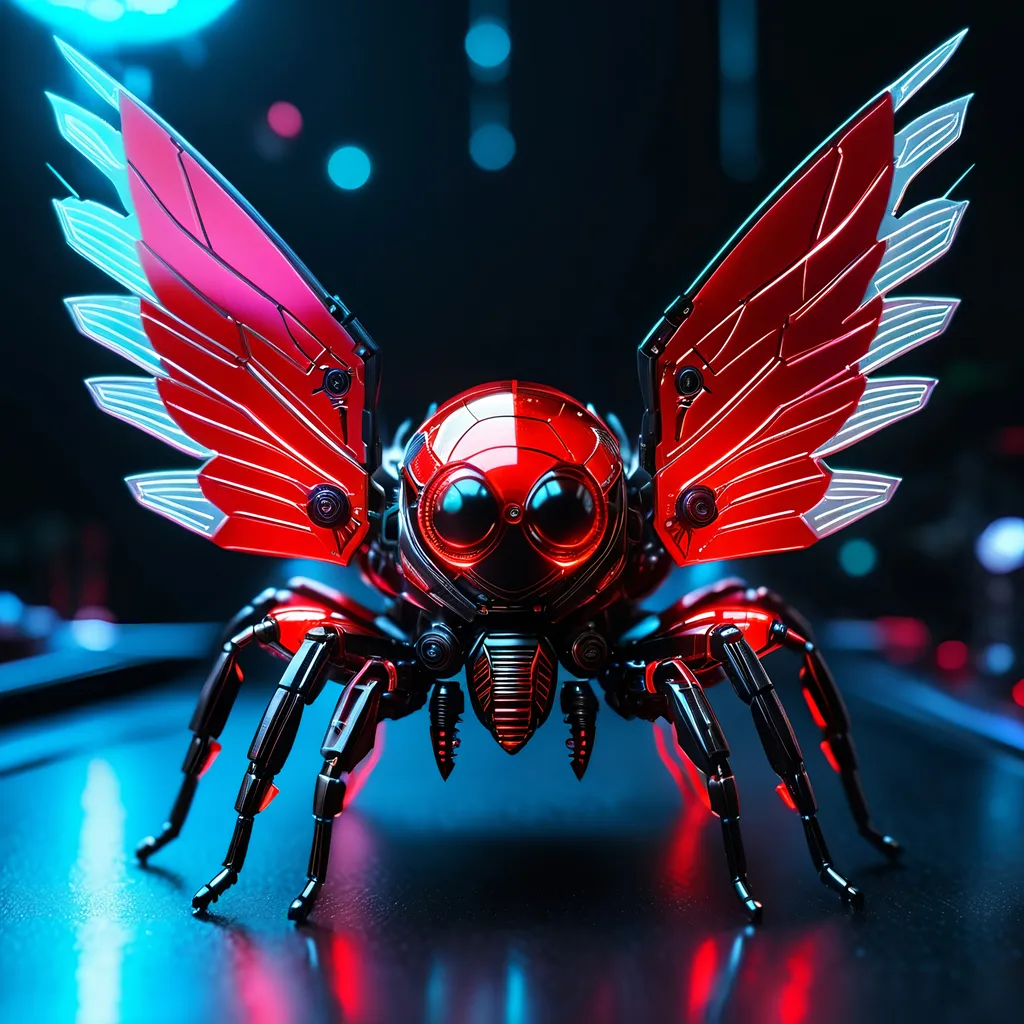 Prompt: Tiny jumping spider mech, metallic and sleek design, futuristic sci-fi style, detailed mechanical wings, intense red and black color scheme, sparkling neon lights, miniature scale, highres, ultra-detailed, sci-fi, futuristic, metallic sheen, mechanical wings, intense color scheme, miniature scale, neon lights, detailed design, professional, atmospheric lighting