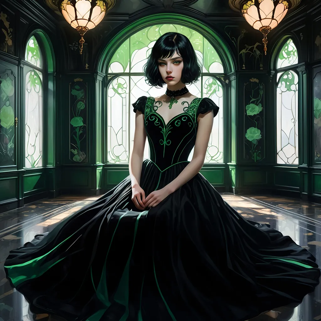 Prompt: Mead Schaeffer and Agnes Cecile style, a lonely girl sitting on an eerie art nouveau decorated room, in an beautiful black velvet dress. She has piercing green eyes, beautiful black hair, night, 4k, high quality, thick black eyelashes, a complex stunning portrait of a girl with high detail