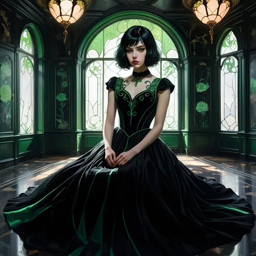 Prompt: Mead Schaeffer and Agnes Cecile style, a lonely girl sitting on an eerie art nouveau decorated room, in an beautiful black velvet dress. She has piercing green eyes, beautiful black hair, night, 4k, high quality, thick black eyelashes, a complex stunning portrait of a girl with high detail