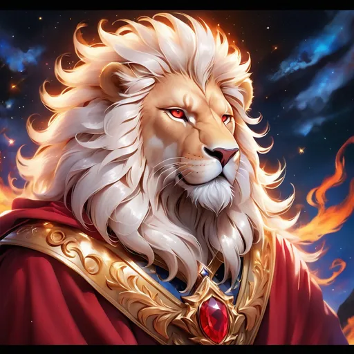 Prompt: wizard lion with {white fur} and {ruby red eyes}, senior male lion, fire element, flame, Erin Hunter, gorgeous anime portrait, beautiful cartoon, 2d cartoon, beautiful 8k eyes, elegant {red fur}, pronounced scar on chest, fine oil painting, modest, gazing at viewer, beaming red eyes, glistening red fur, low angle view, zoomed out view of character, 64k, hyper detailed, expressive, timid, graceful, beautiful, expansive silky mane, deep starry sky, golden ratio, precise, perfect proportions, vibrant, standing majestically on a tall crystal stone, hyper detailed, complementary colors, UHD, HDR, top quality artwork, beautiful detailed background, unreal 5, artstaion, deviantart, instagram, professional, masterpiece