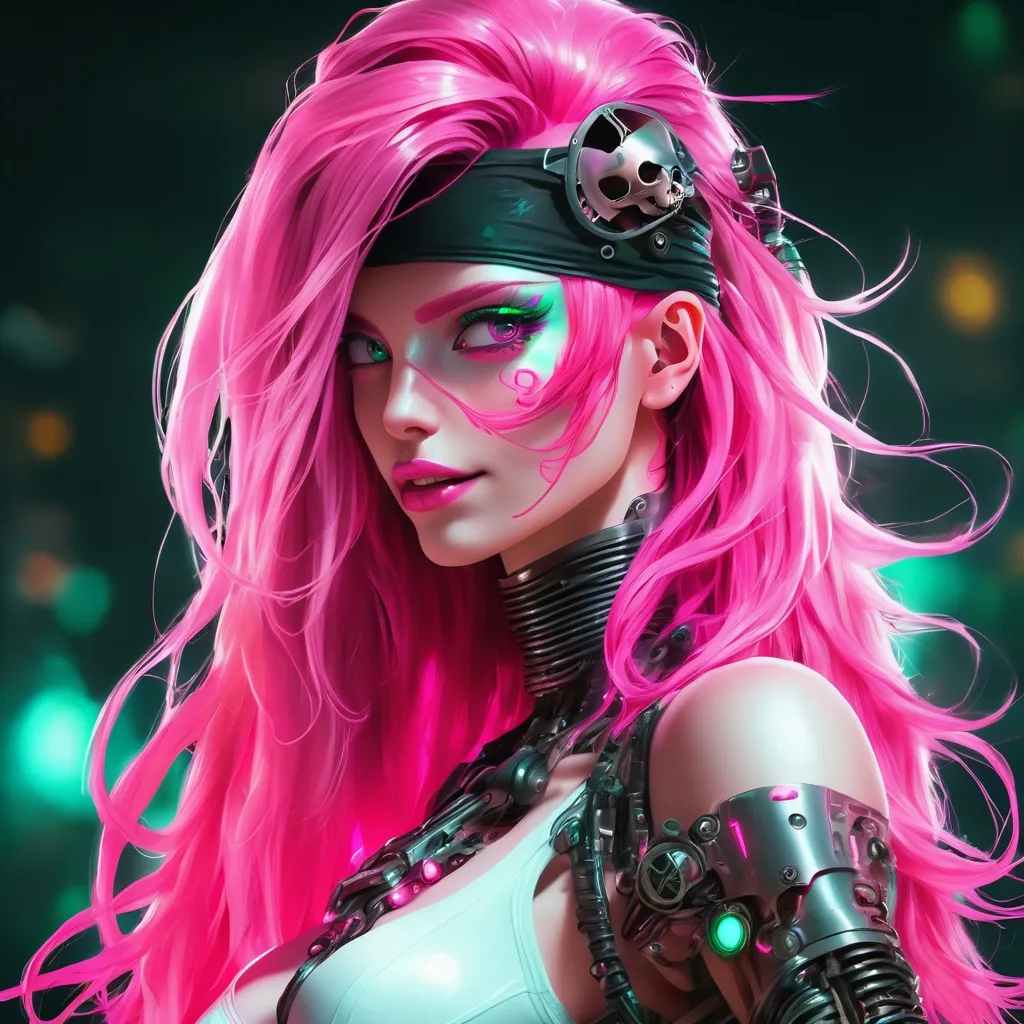 Prompt: Beautiful cybernetic female pirate with long neon pink hair that glows.