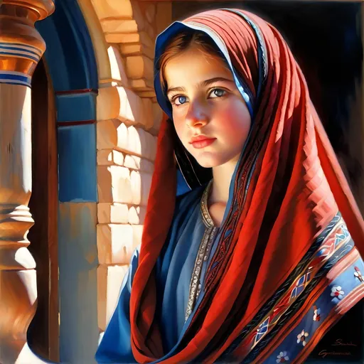 Prompt: A 13 years old Syrian girl, pale skin, red neatly braided hair, blue eyes, traditional Syrian dress, Old Damascus, photorealistic, extremely detailed painting by Greg Rutkowski by Steve Henderson