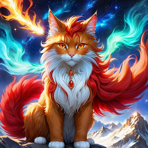 Prompt: wizard cat with {red fur} and {ruby red eyes}, senior she-cat, fire element, flame, Erin Hunter, gorgeous anime portrait, beautiful cartoon, 2d cartoon, beautiful 8k eyes, elegant {red fur}, pronounced scar on chest, fine oil painting, modest, gazing at viewer, beaming red eyes, glistening red fur, low angle view, zoomed out view of character, 64k, hyper detailed, expressive, timid, graceful, beautiful, expansive silky mane, deep starry sky, golden ratio, precise, perfect proportions, vibrant, standing majestically on a tall crystal stone, hyper detailed, complementary colors, UHD, HDR, top quality artwork, beautiful detailed background, unreal 5, artstaion, deviantart, instagram, professional, masterpiece